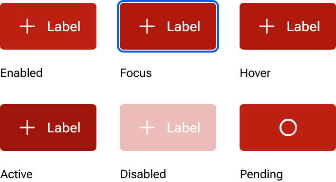 The danger button appearance includes enabled, focus, hover, active, disabled, and pending states.