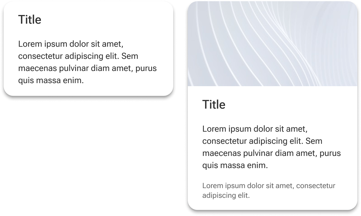 Two cards compare how a card's height accommodates multiple content elements. The container of the left card hugs content that includes a title and sample body text. The container of the right card hugs content that includes a media image, title, subtitle, body text, and footer text.