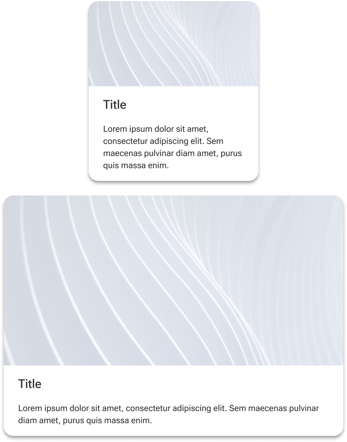 Two cards compare the scale of a sample media image. The bottom card is approximately twice as wide as the top card with its image scaling proportionally to fill the media slot of the card.