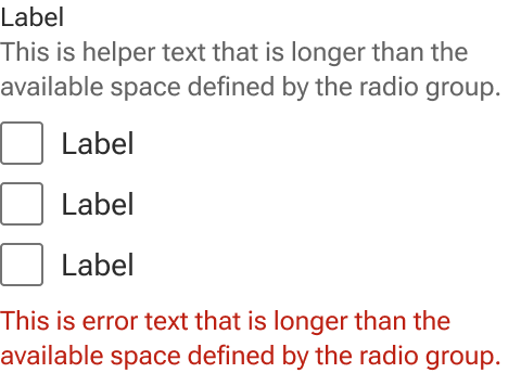 The helper and error text of the checkbox group each wrap to a second line when they meet the edge of an implied container around the group.