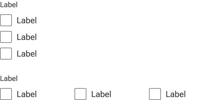 Two checkbox groups compare different ways of orienting the checkboxes. The top example vertically stacks three checkboxes with labels. The bottom example includes the three checkboxes horizontally oriented under the group label.