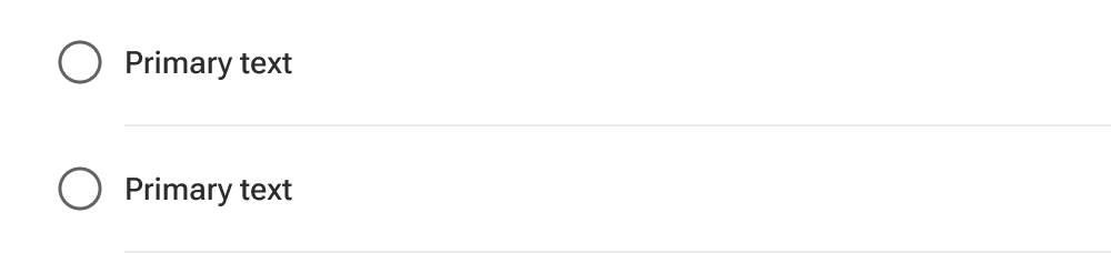 A divider is positioned between two list items. The left edge of the divider is inset on the left edge to align with the left edge of the list item text. The right side of the divider expands to the right edge of the list.