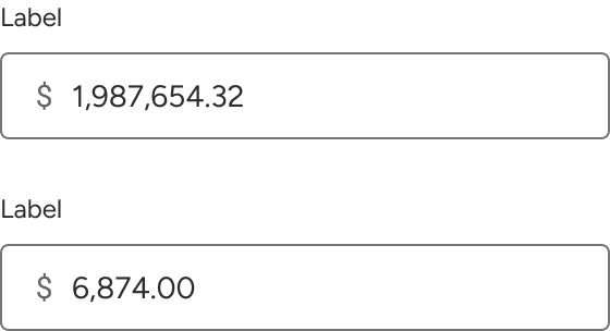 Two currency inputs display decimal usage. The top input has the amount $1,987,654.32 including the decimal point. The bottom input has the amount $6,874. Two zeros are added to the right of the decimal.