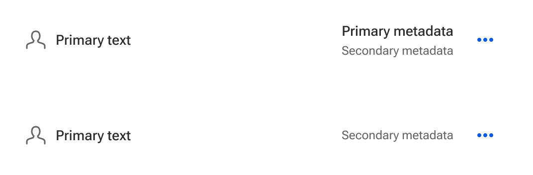 Two separate list items are compared top-to-bottom. The top list item includes content of varying heights and lines. The bottom item includes content of varying heights but only single line text. Both sets of content are vertically centered within their respective list item containers.
