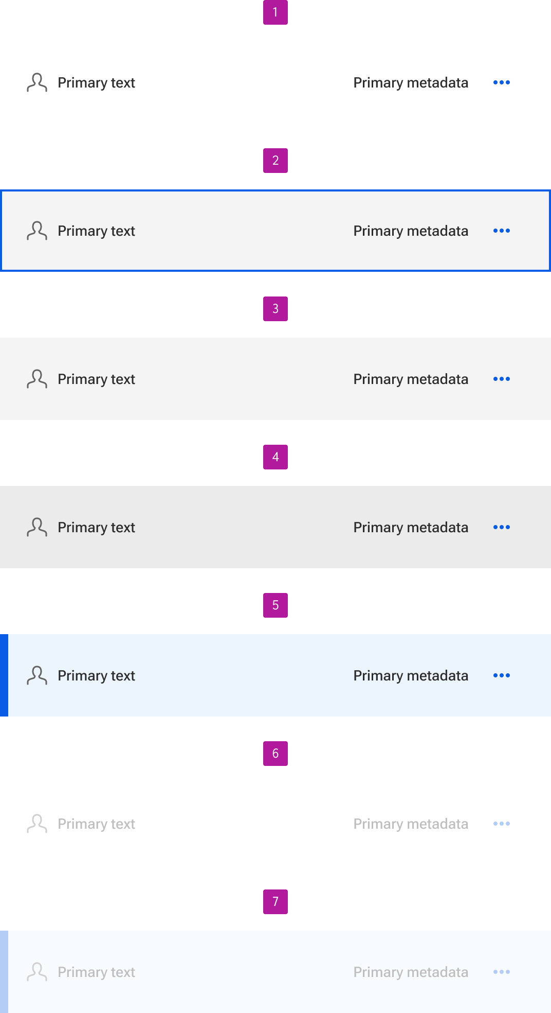 List items can include enabled, focus, hover, active, selected, disabled, and selected disabled states.