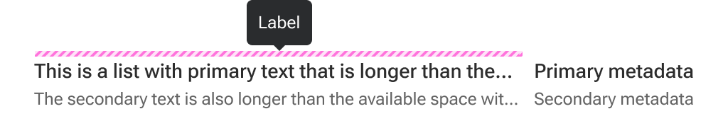 A tooltip with placeholder text is positioned immediately above and horizontally centered with overflowed primary text. Blue dashed lines annotate the space between the tooltip arrow and text.