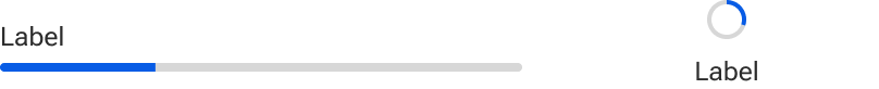 A linear progress indicator and a circular indicator are compared side-by-side. The linear indicator includes sample label text left-aligned just above the bar. The circular indicator includes sample label text horizontally-centered with and just below the circle.