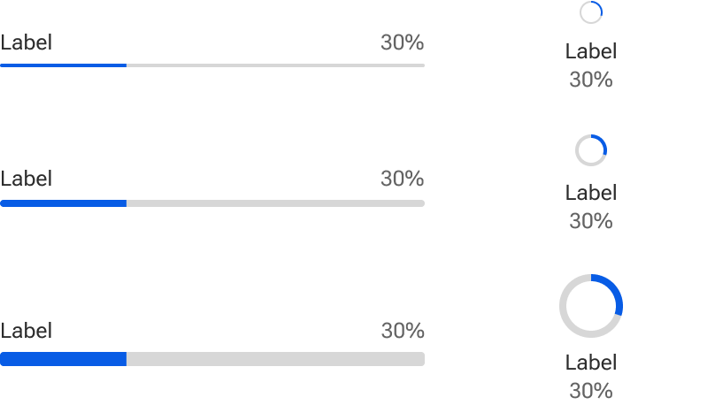 Three sets of progress indicators compare sizes from top-to-bottom: small, medium, and large.