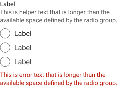 The helper and error text of the radio group each wrap to a second line when they meet the edge of an implied container around the group.