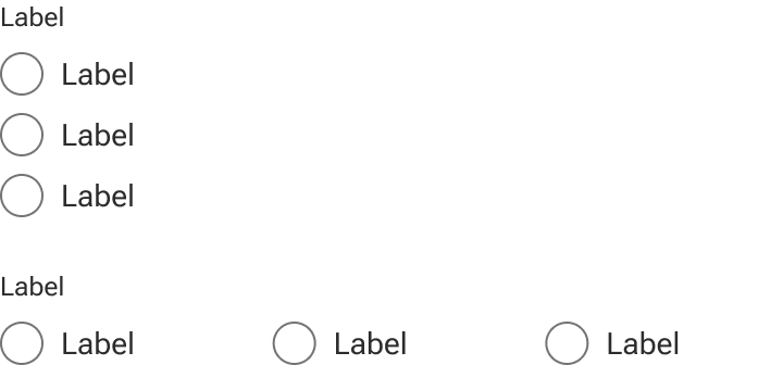 Two radio groups compare different ways of orienting the radios. The top example vertically stacks three radios with labels. The bottom example includes the three radios horizontally oriented under the group label.
