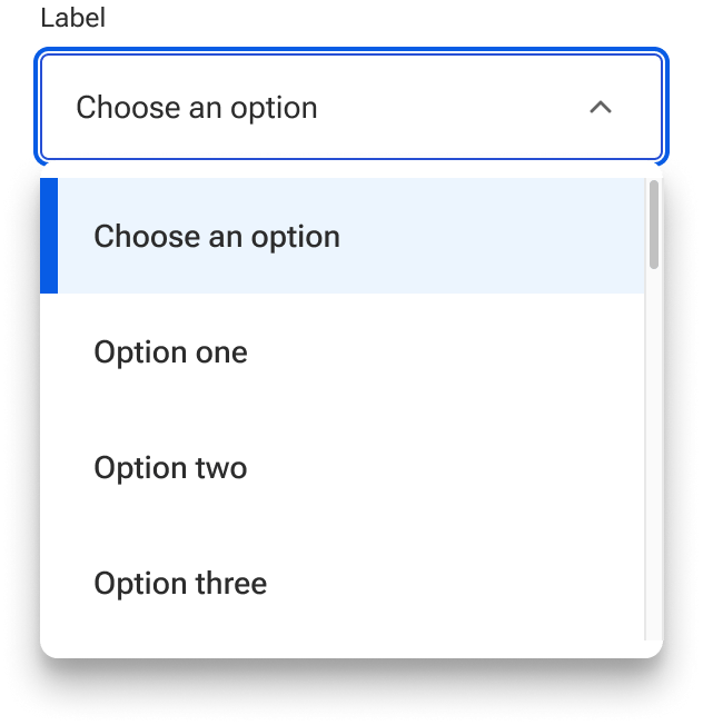 A select is open. The menu includes list items that extend beyond the bottom boundary of the menu. A scrollbar is displayed along the right edge of the menu.