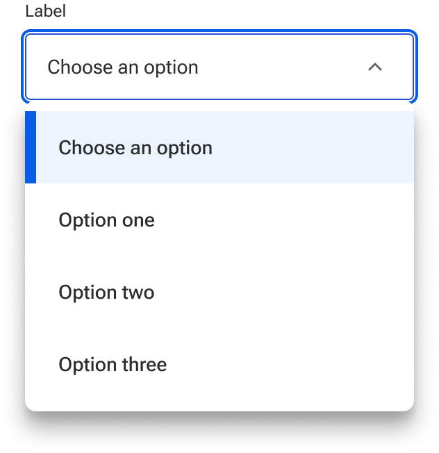 A select is open displaying a menu with four sample list items. The first item in the list is selected.