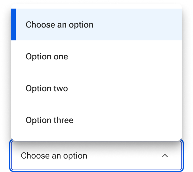 A select is open displaying a menu with sample list items anchored to the top edge of the input field.