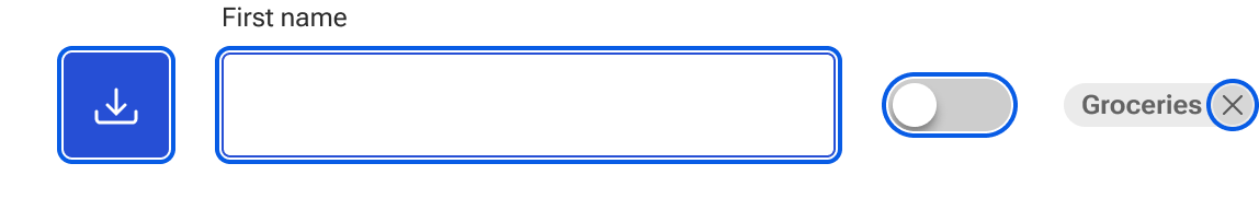 Examples of a button, input, switch, and dismissible tag demonstrate the implementation of the focus indicator.